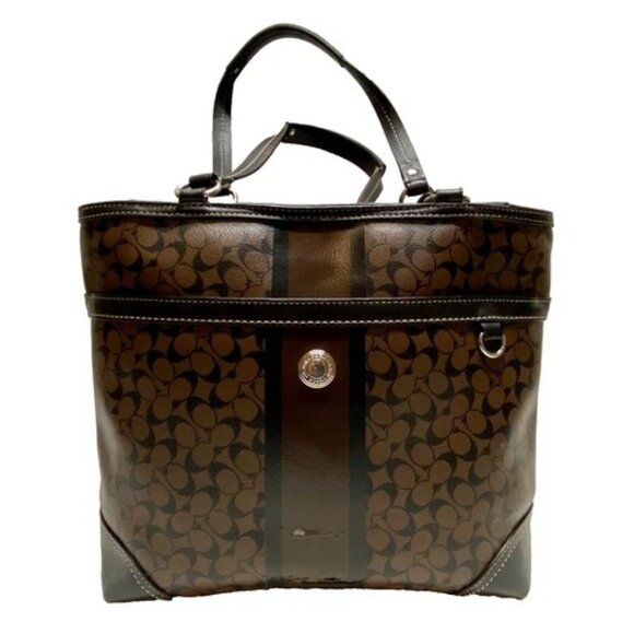 Coach Chelsea Heritage Tote F15137 Signature Stripe Black Brown Leather Handbag - Picture 1 of 16